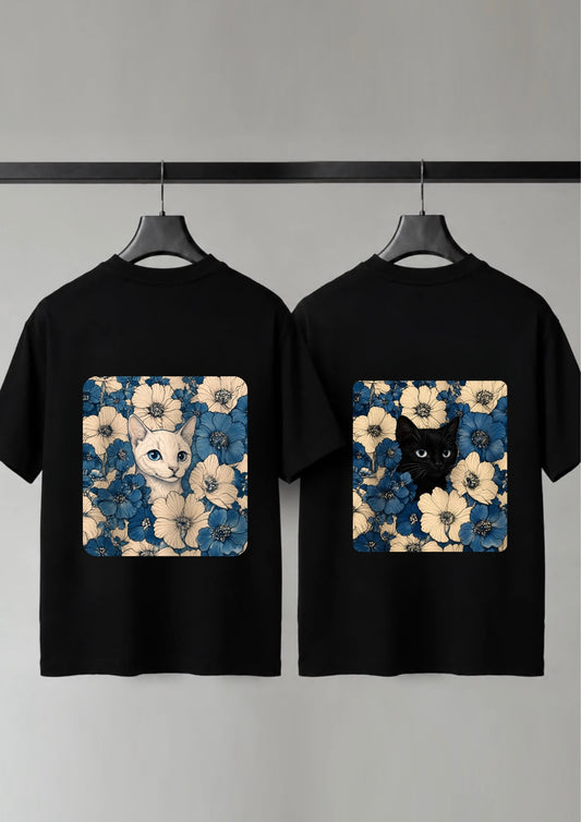 Cute White & Black Cat Graphic Couple T-Shirt