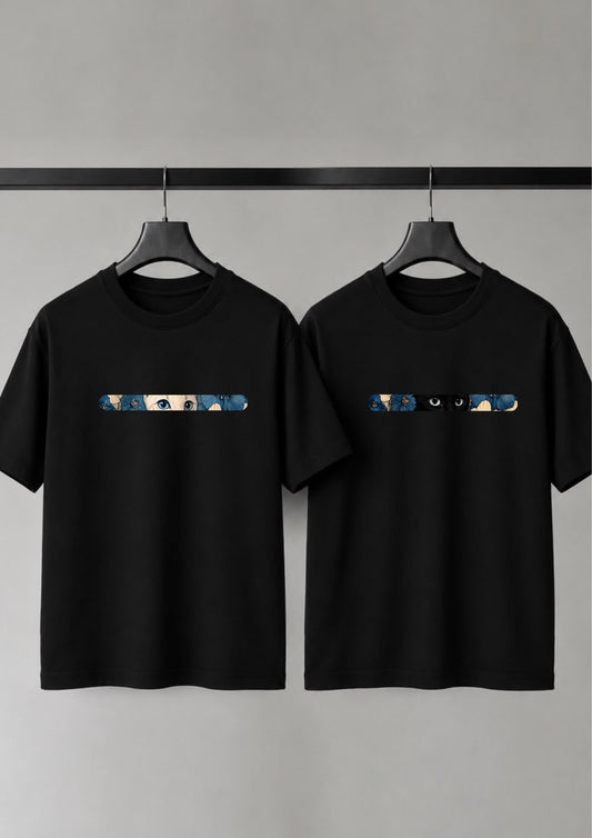 Cute White & Black Cat Graphic Couple T-Shirt