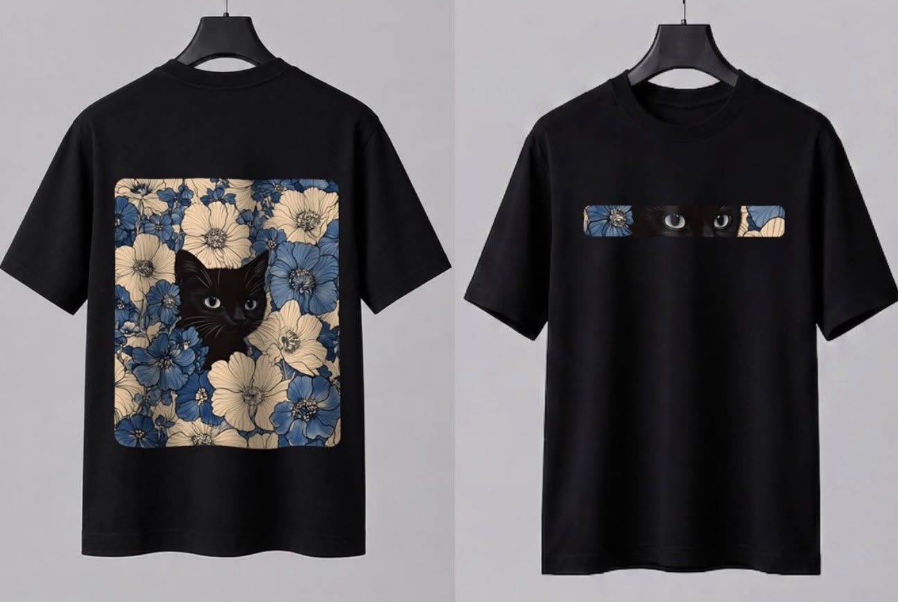 Cute White & Black Cat Graphic T-Shirt