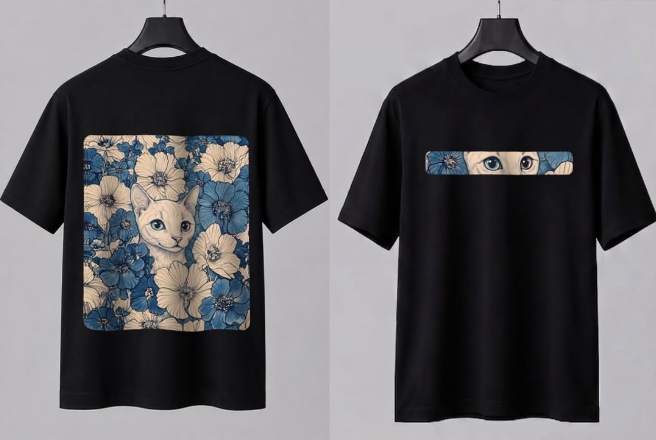 Cute White & Black Cat Graphic T-Shirt
