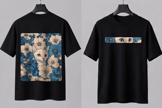 Cute White & Black Cat Graphic T-Shirt