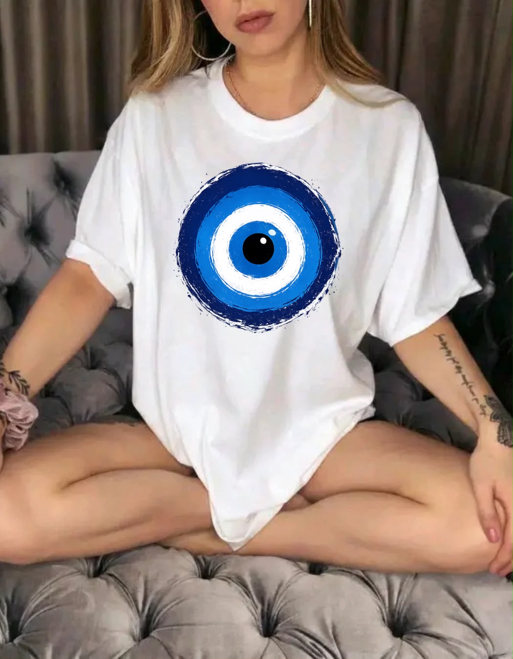 Blue Evil Eye Graphic Printed Oversized T-Shirt
