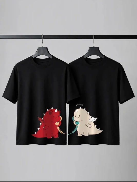 Cute Devil & Angel Dinosaur Matching Couple T-Shirts – Premium Cotton